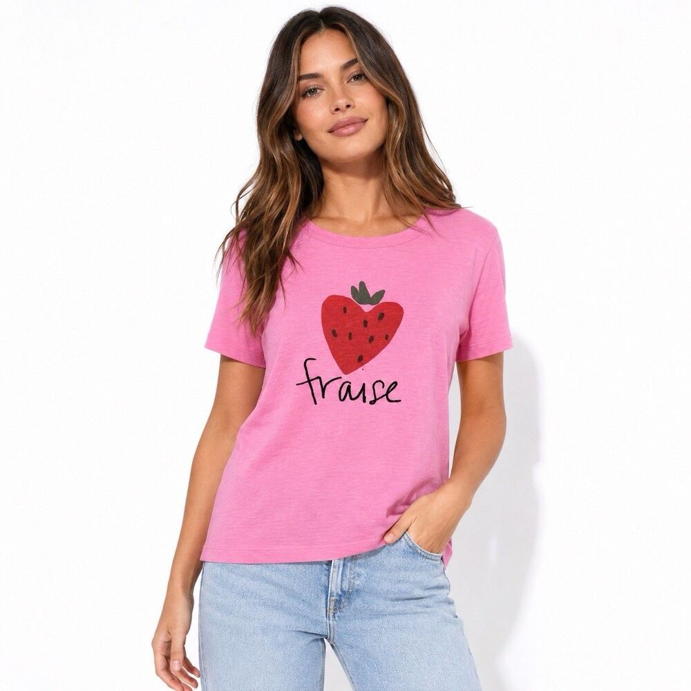 LOFT Pink T Shirt French Strawberry Embroidered Graphic Print 100% Cotton Top S